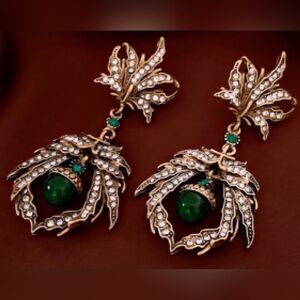 Art Nouveau Gold Tone & Green, Clear Crystal Leaf Chandelier Earrings